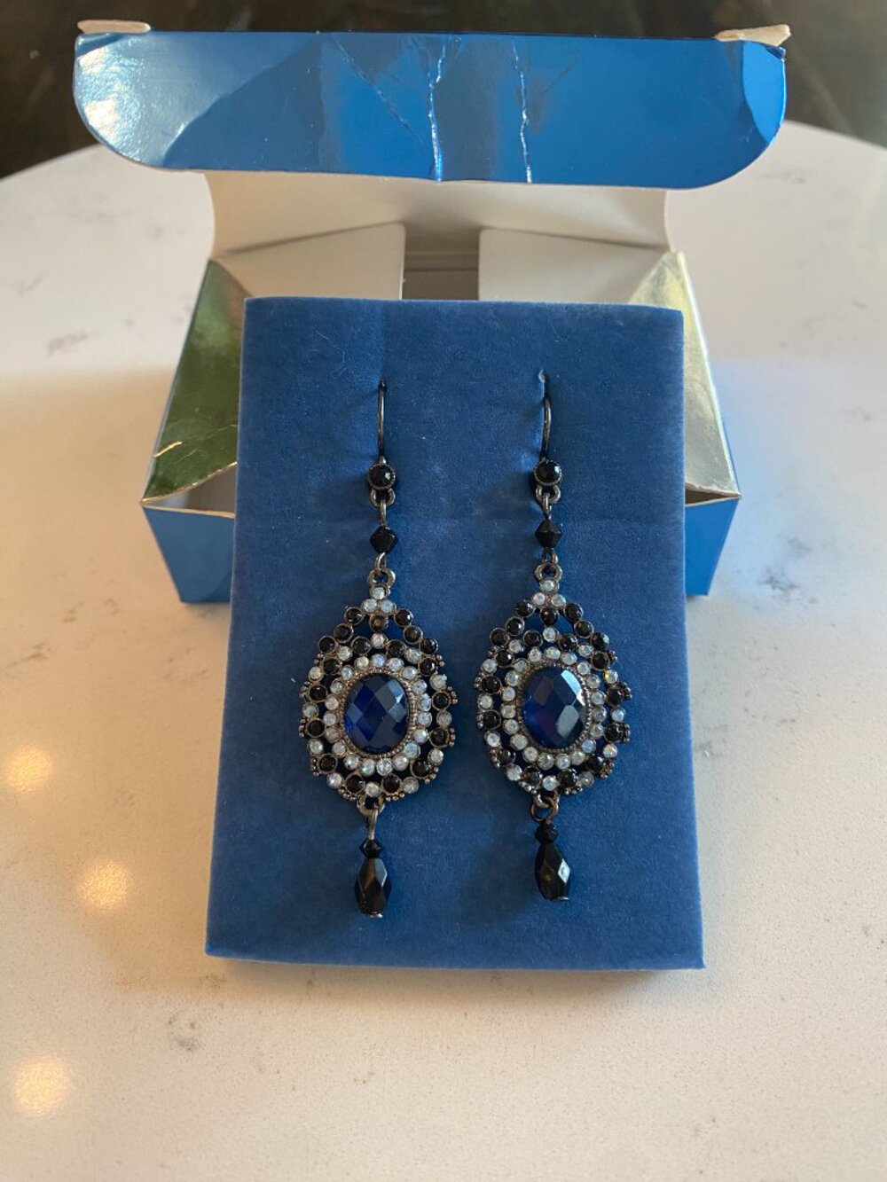Avon Bleu Minuit Blue Rhinestone Dangle Earrings Vintage Boxed NIB Gunmetal